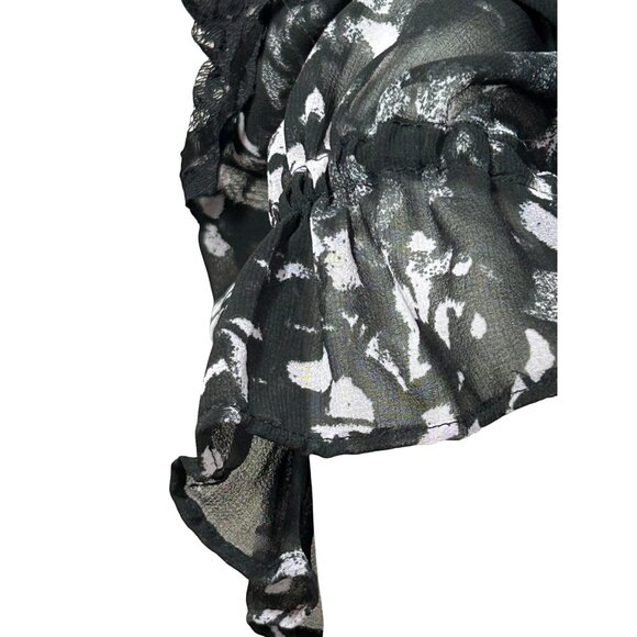 DKNY Blouse M Black White Speckled Lace Trim Long Sleeves Ruffle Neck Ties Sheer - Picture 10 of 16